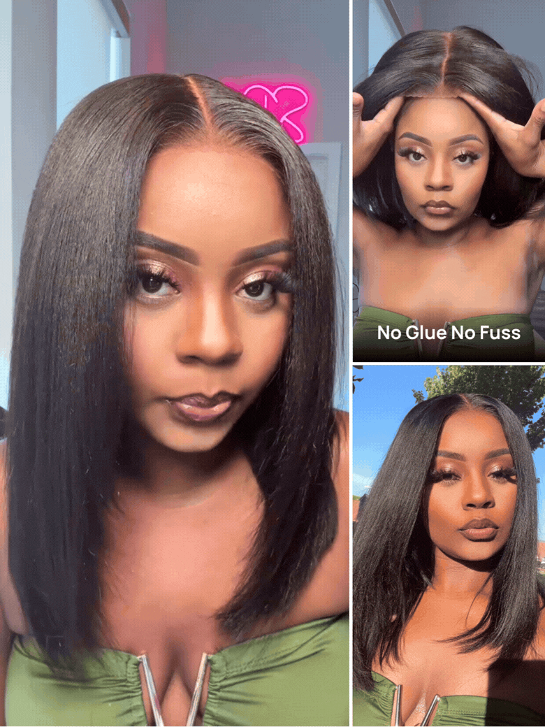Model wearing Nadula glueless wigs in a straight, dark bob style