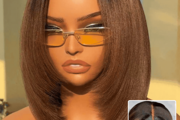 Model wearing a brown, straight, shoulder-length Nadula glueless bob