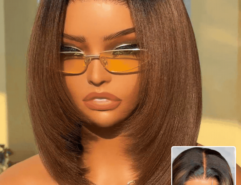 Model wearing a brown, straight, shoulder-length Nadula glueless bob