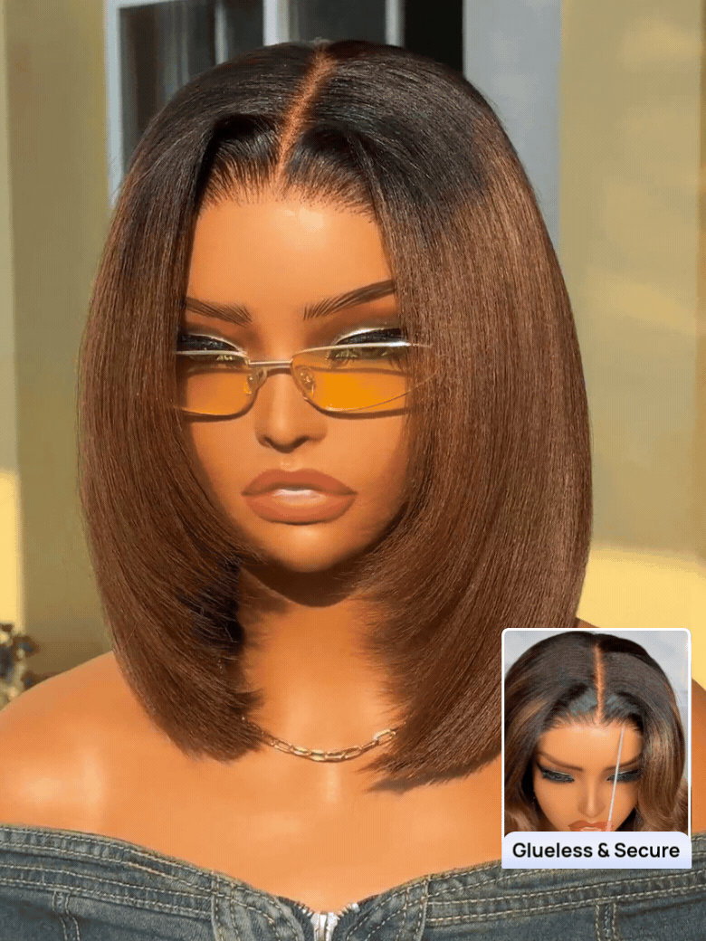 Model wearing a brown, straight, shoulder-length Nadula glueless bob
